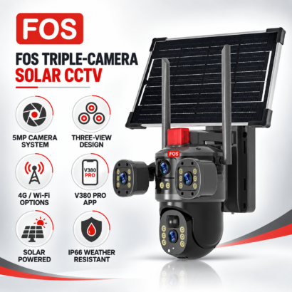 FOS 5MP triple-camera solar CCTV key-features infographic for 4G and Wi-Fi variants