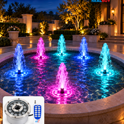 REALBUY 12W RGB lights illuminating a circular fountain