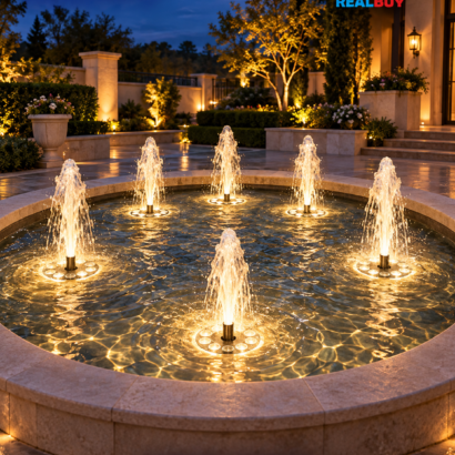REALBUY 12W Warm White lights illuminating a circular fountain