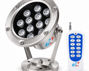 REALBUY 12W RGB underwater LED spot light with included remote on a white background