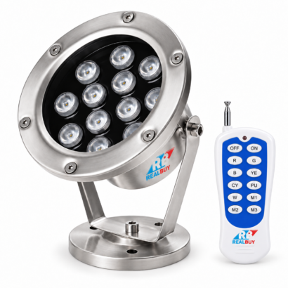 REALBUY 12W RGB underwater LED spot light with included remote on a white background