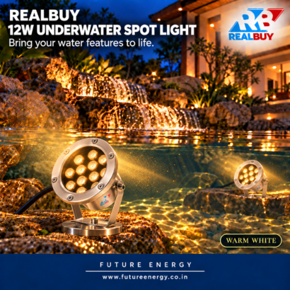 REALBUY 12W warm white underwater spot lights illuminating a decorative water feature