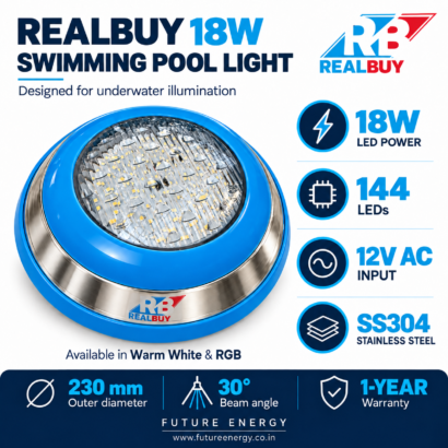 REALBUY pool light specifications: 18W, 144 LEDs, 12V AC, SS304 body, 230mm diameter and 30 degree beam