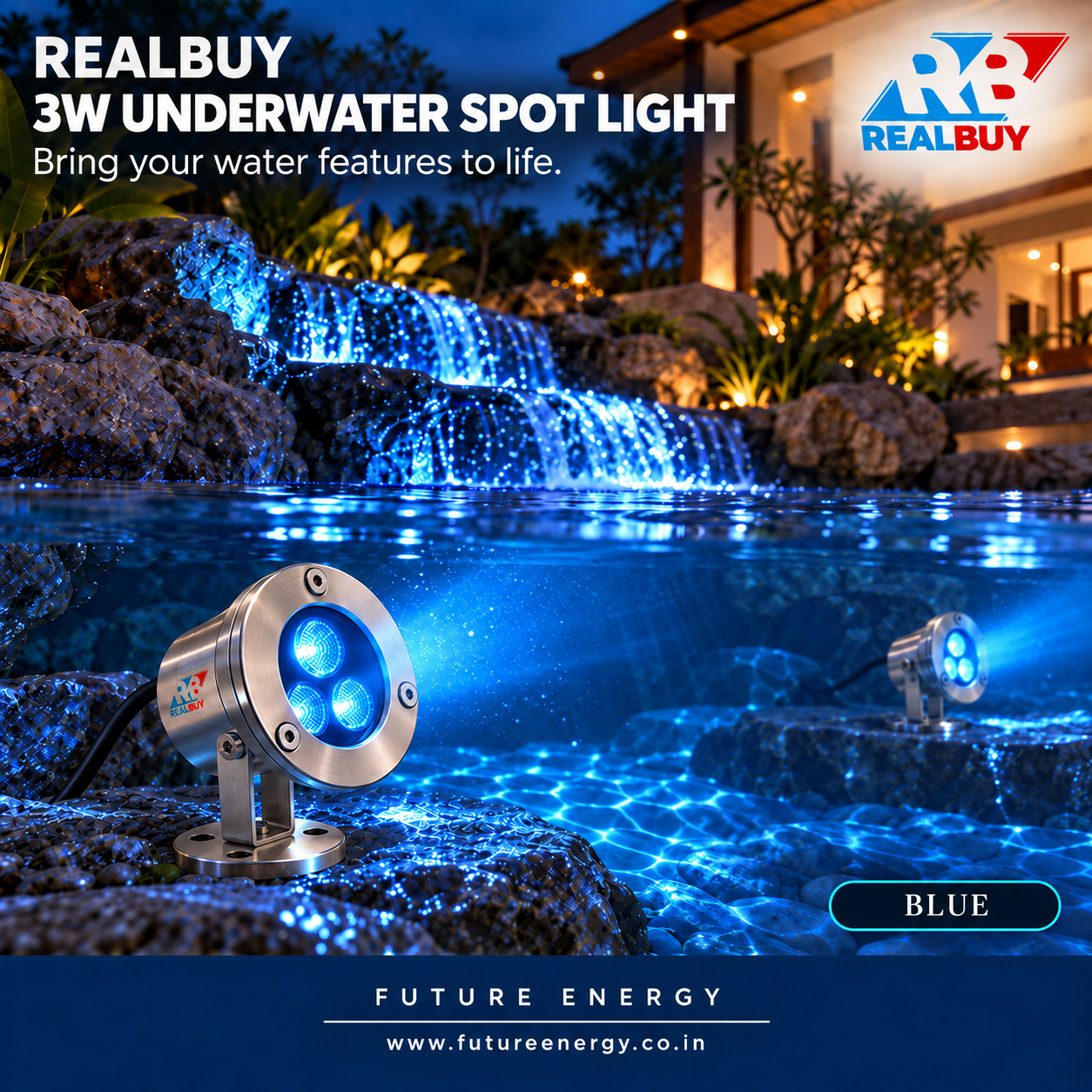 REALBUY 3W blue underwater LED spot lights creating aquatic accent lighting