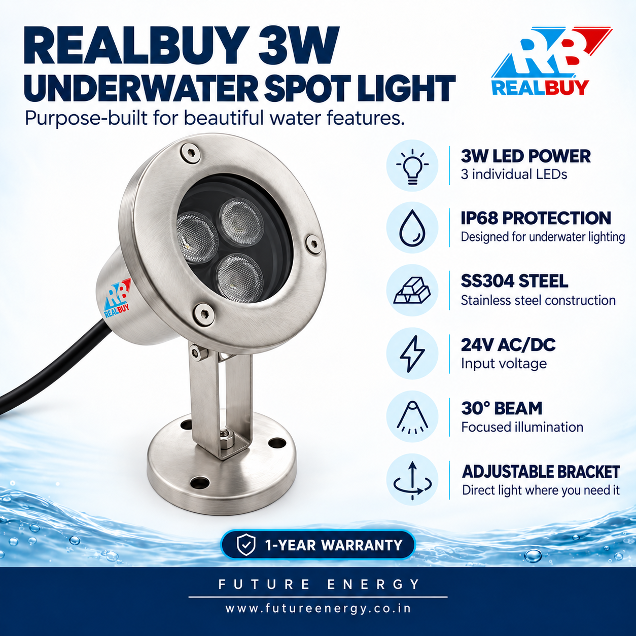 REALBUY 3W underwater spot light specifications: 24V AC/DC, SS304, IP68 and 30 degree beam