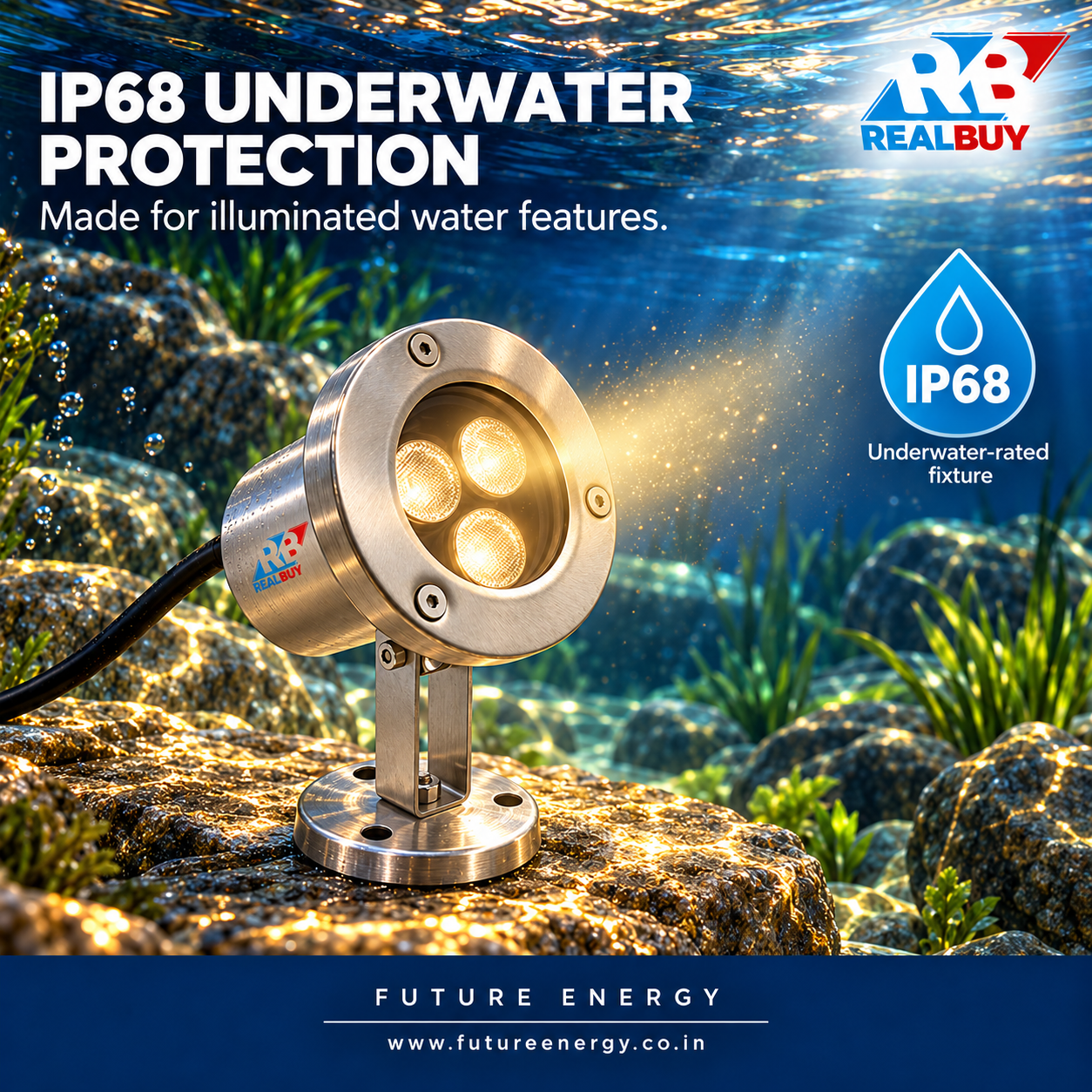 REALBUY 3W stainless steel underwater spot light showing IP68 protection
