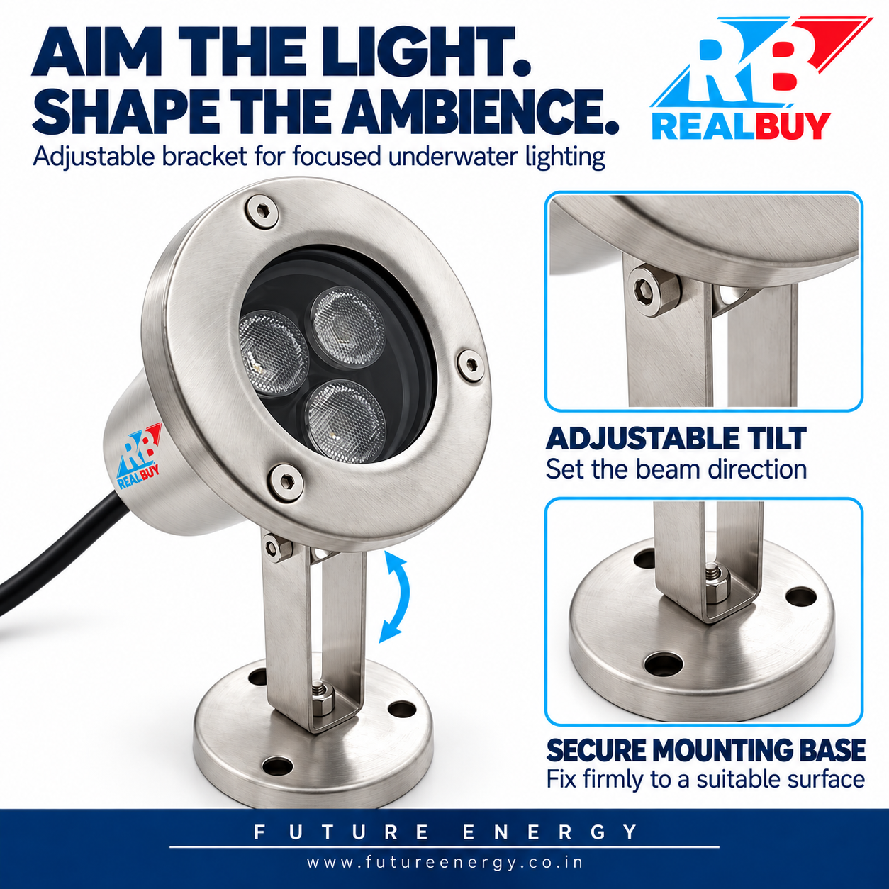 REALBUY 3W underwater spot light with adjustable bracket and circular mounting base