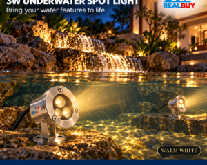 REALBUY 3W warm white underwater spot lights illuminating a decorative water feature