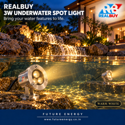 REALBUY 3W warm white underwater spot lights illuminating a decorative water feature