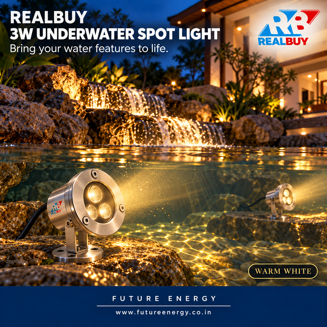 REALBUY 3W warm white underwater spot lights illuminating a decorative water feature