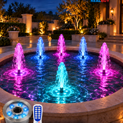 REALBUY 6W RGB lights illuminating a circular fountain