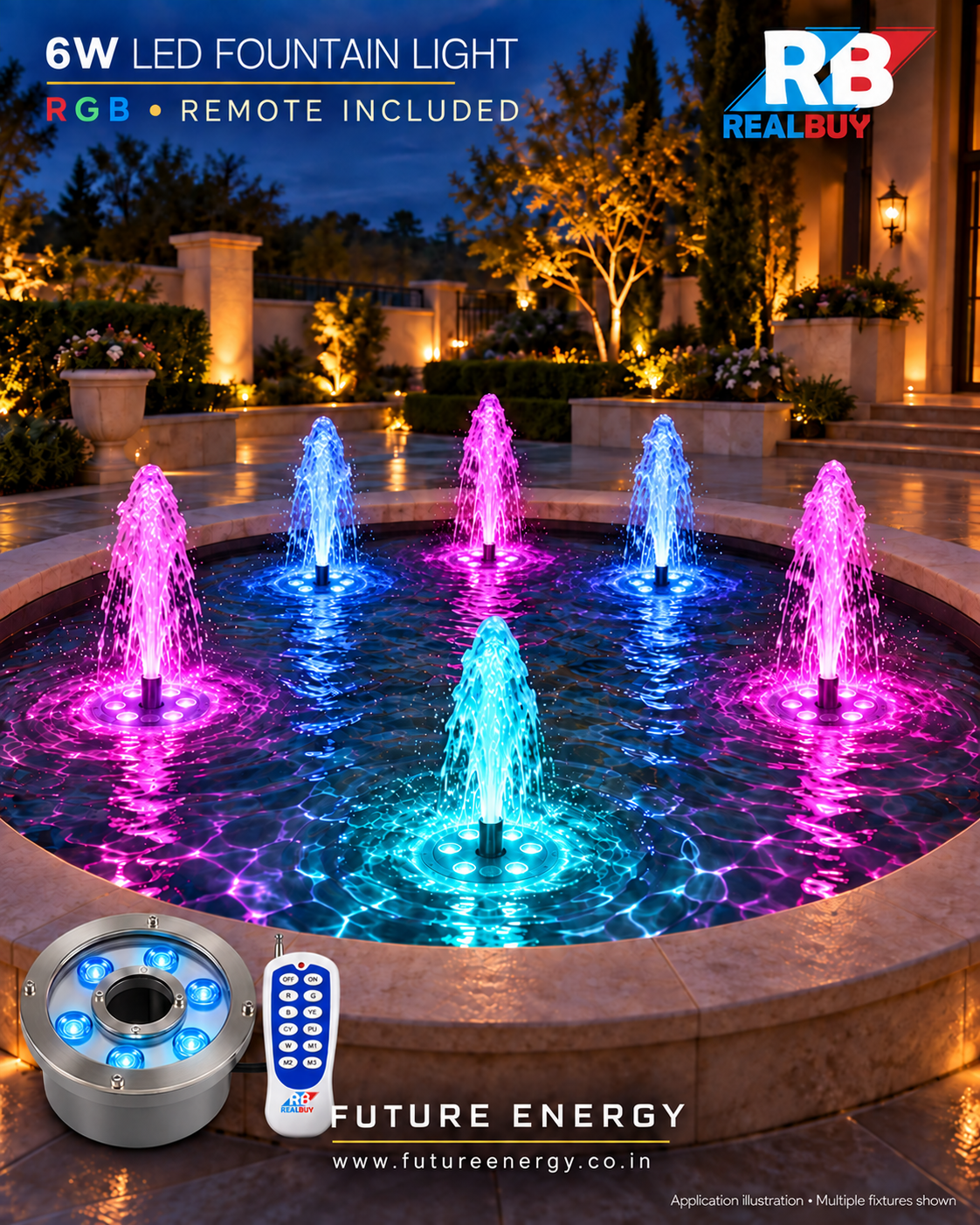 REALBUY 6W RGB lights illuminating a circular fountain
