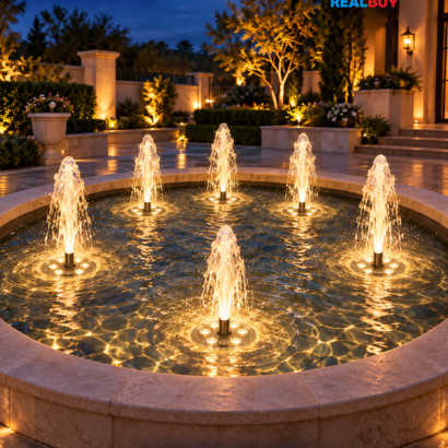 REALBUY 6W Warm White lights illuminating a circular fountain