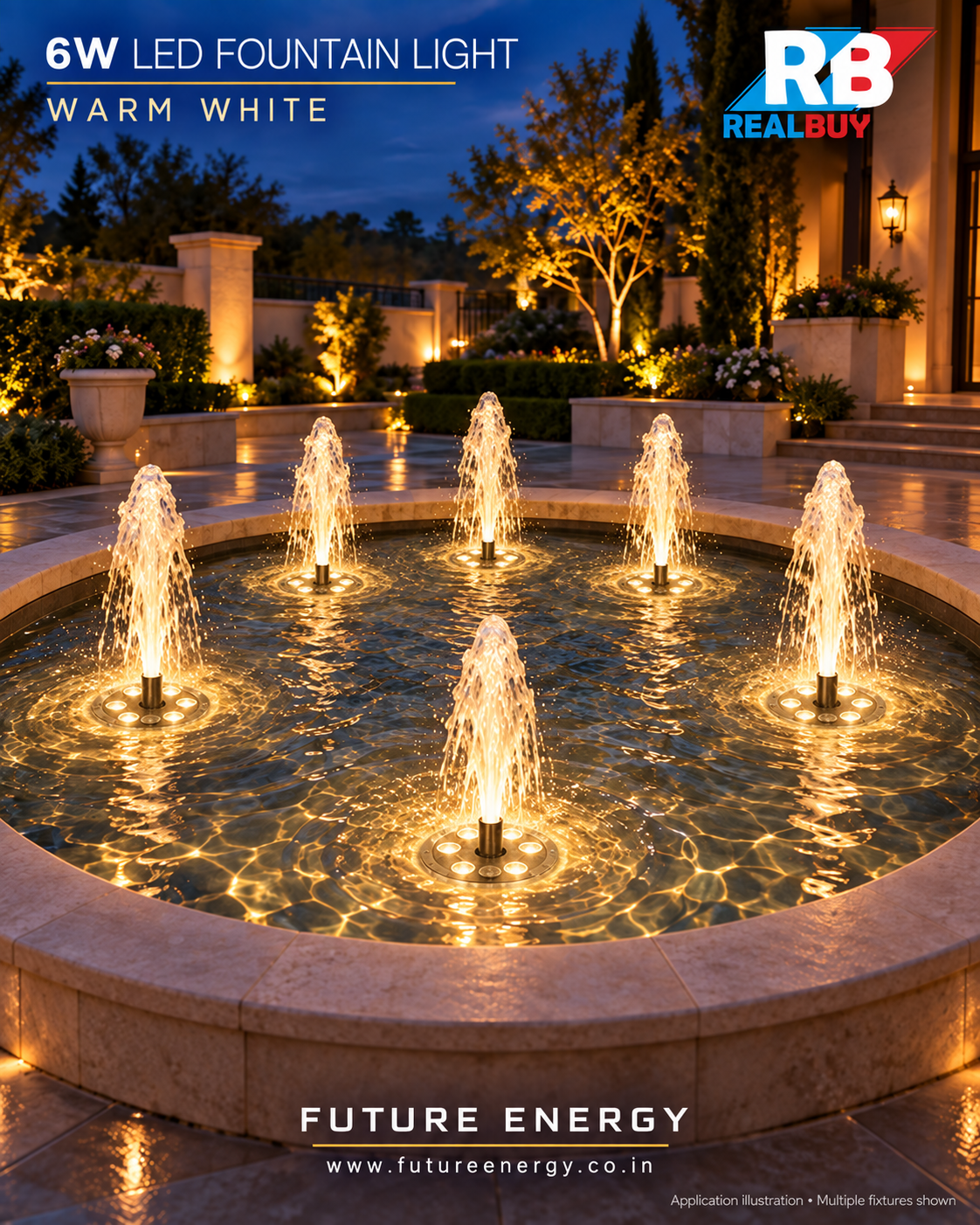 REALBUY 6W Warm White lights illuminating a circular fountain