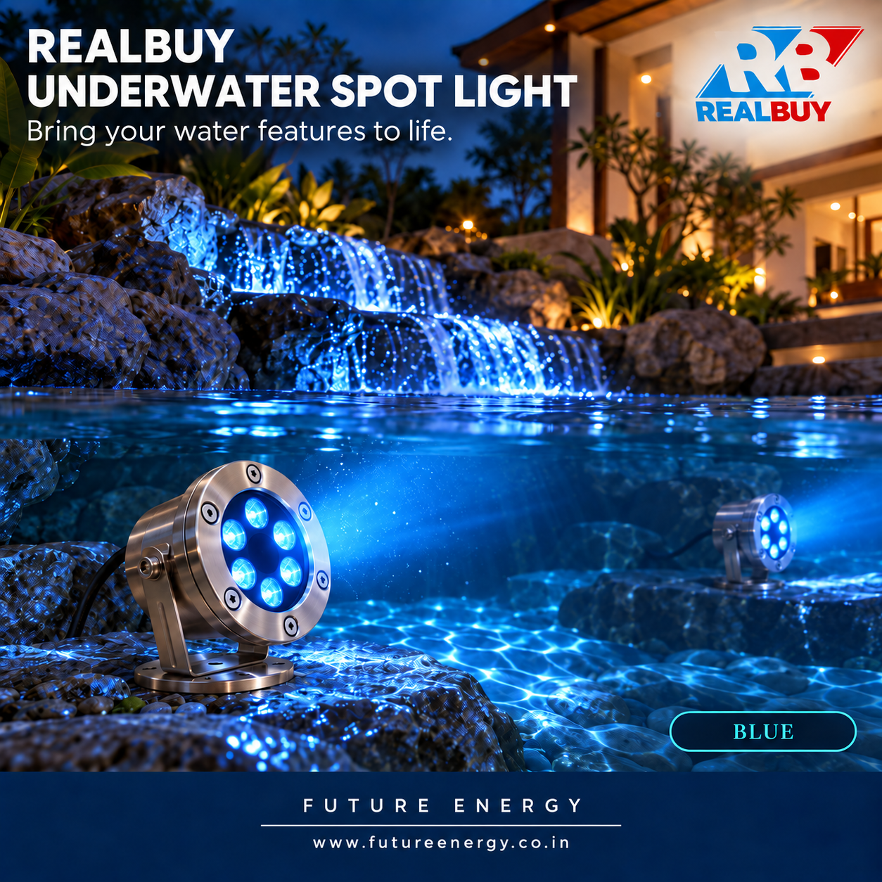 REALBUY 6W blue underwater LED spot lights creating aquatic accent lighting