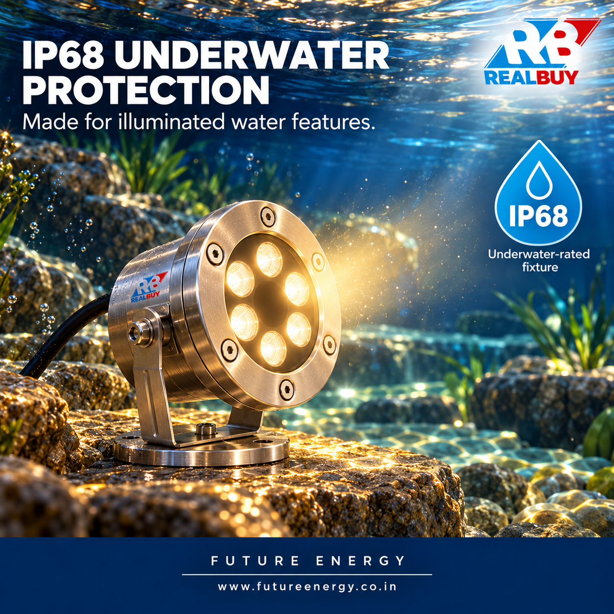 REALBUY 6W stainless steel underwater spot light showing IP68 protection