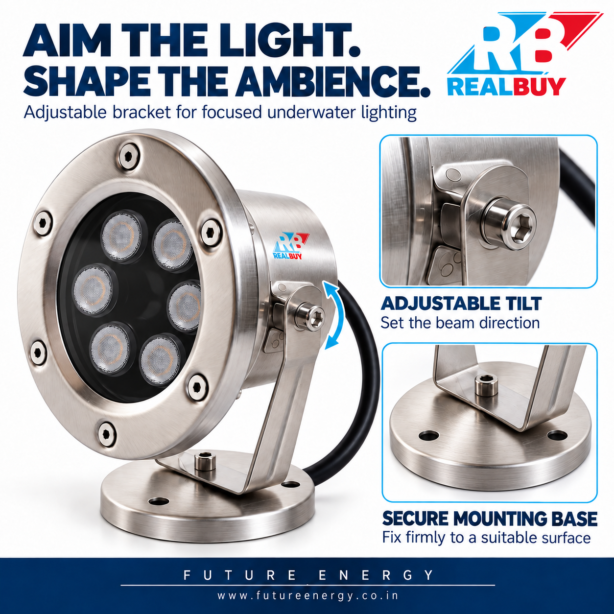 REALBUY 6W underwater spot light with adjustable bracket and circular mounting base
