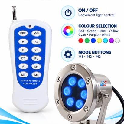REALBUY 6W RGB underwater spot light with included remote and colour control buttons