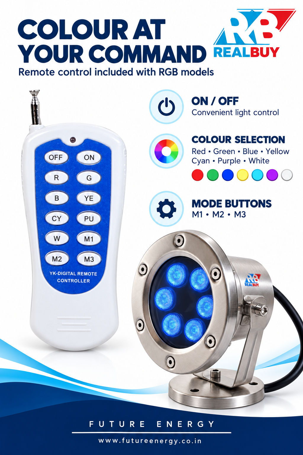 REALBUY 6W RGB underwater spot light with included remote and colour control buttons