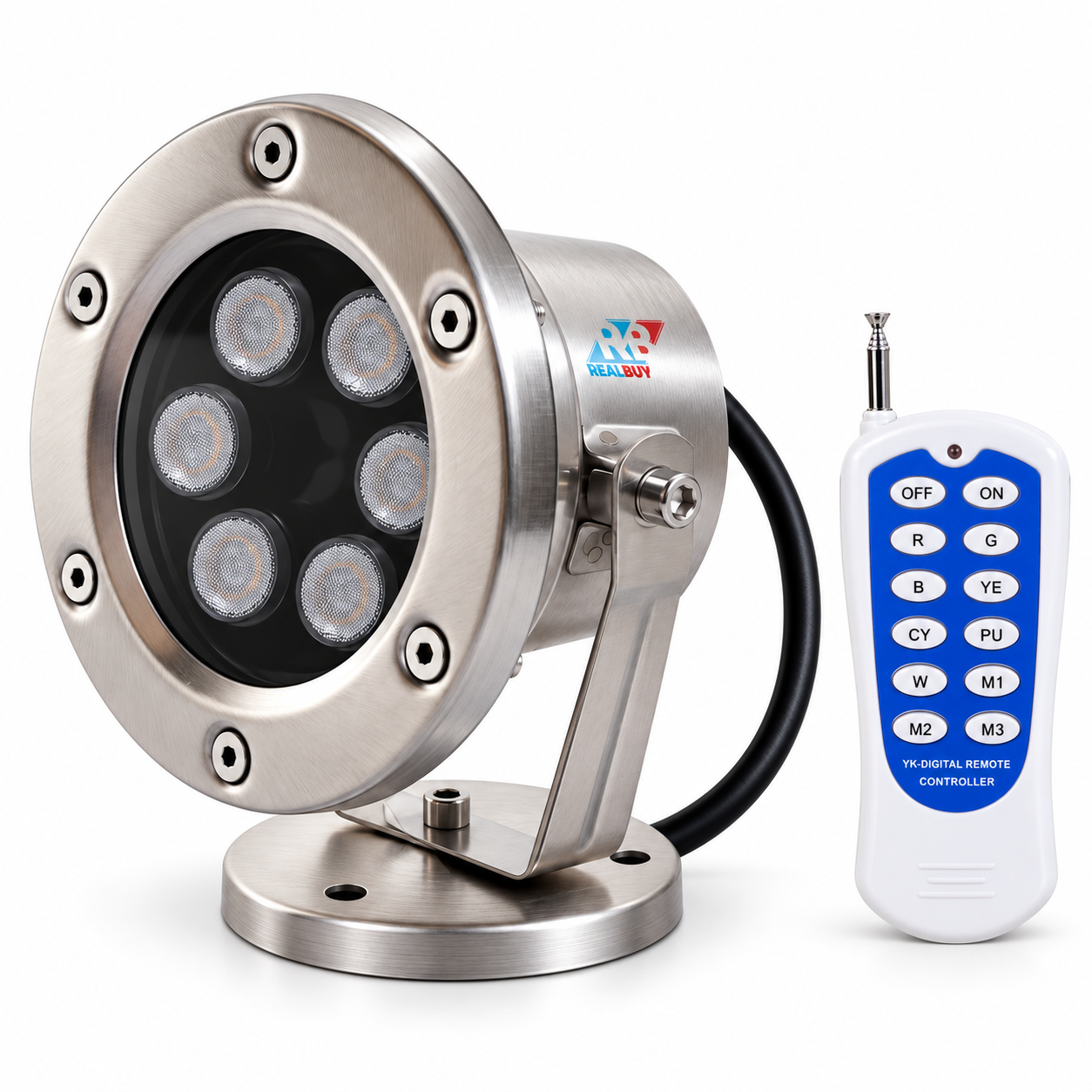 REALBUY 6W RGB underwater LED spot light with included remote on a white background