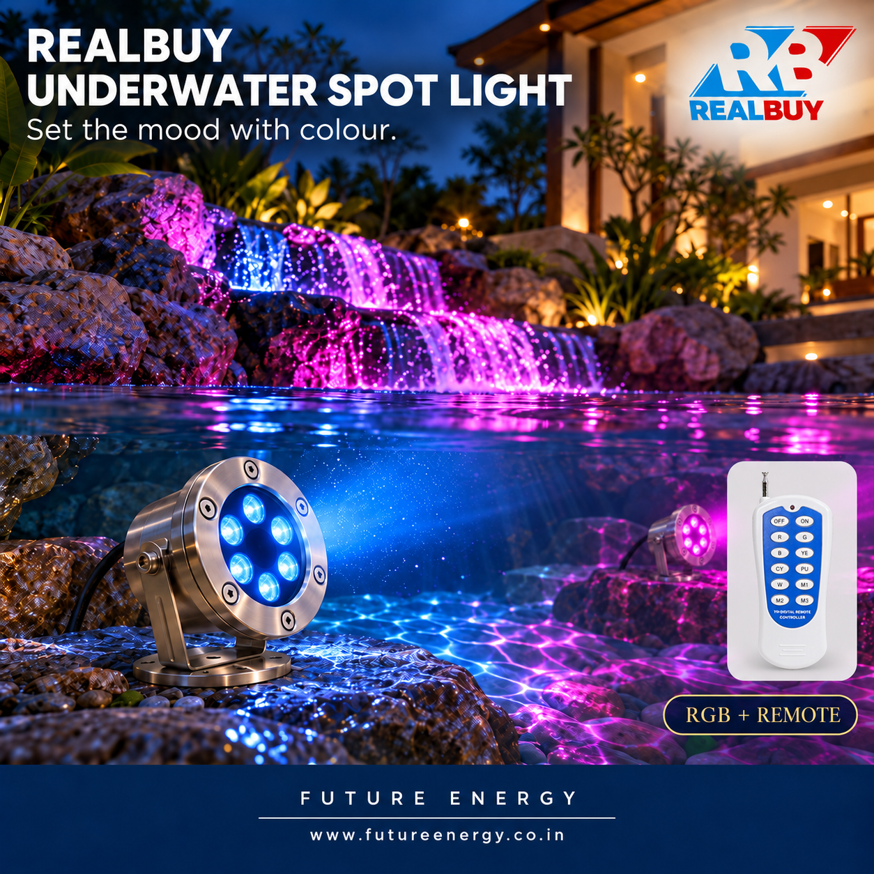 REALBUY 6W RGB underwater spot lights adding multicolour lighting to a water feature