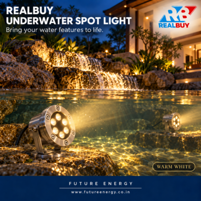 REALBUY 6W warm white underwater spot lights illuminating a decorative water feature