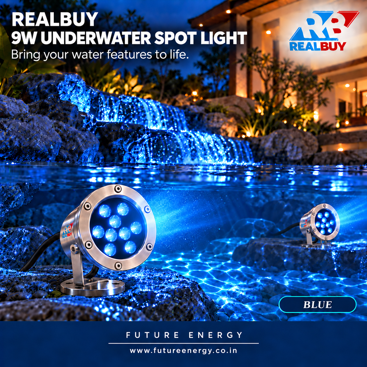 REALBUY 9W blue underwater LED spot lights creating aquatic accent lighting
