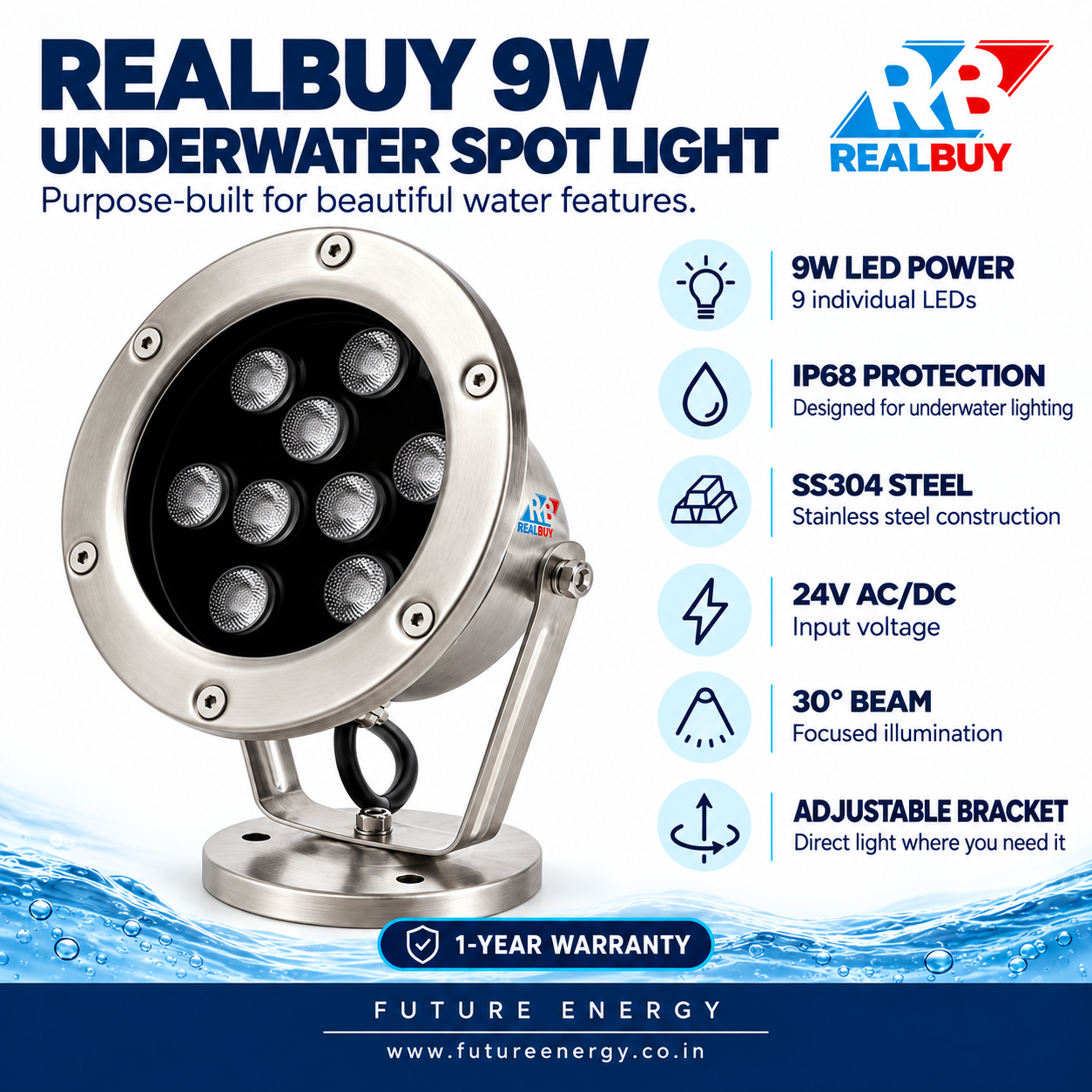 REALBUY 9W underwater spot light technical specifications and key features