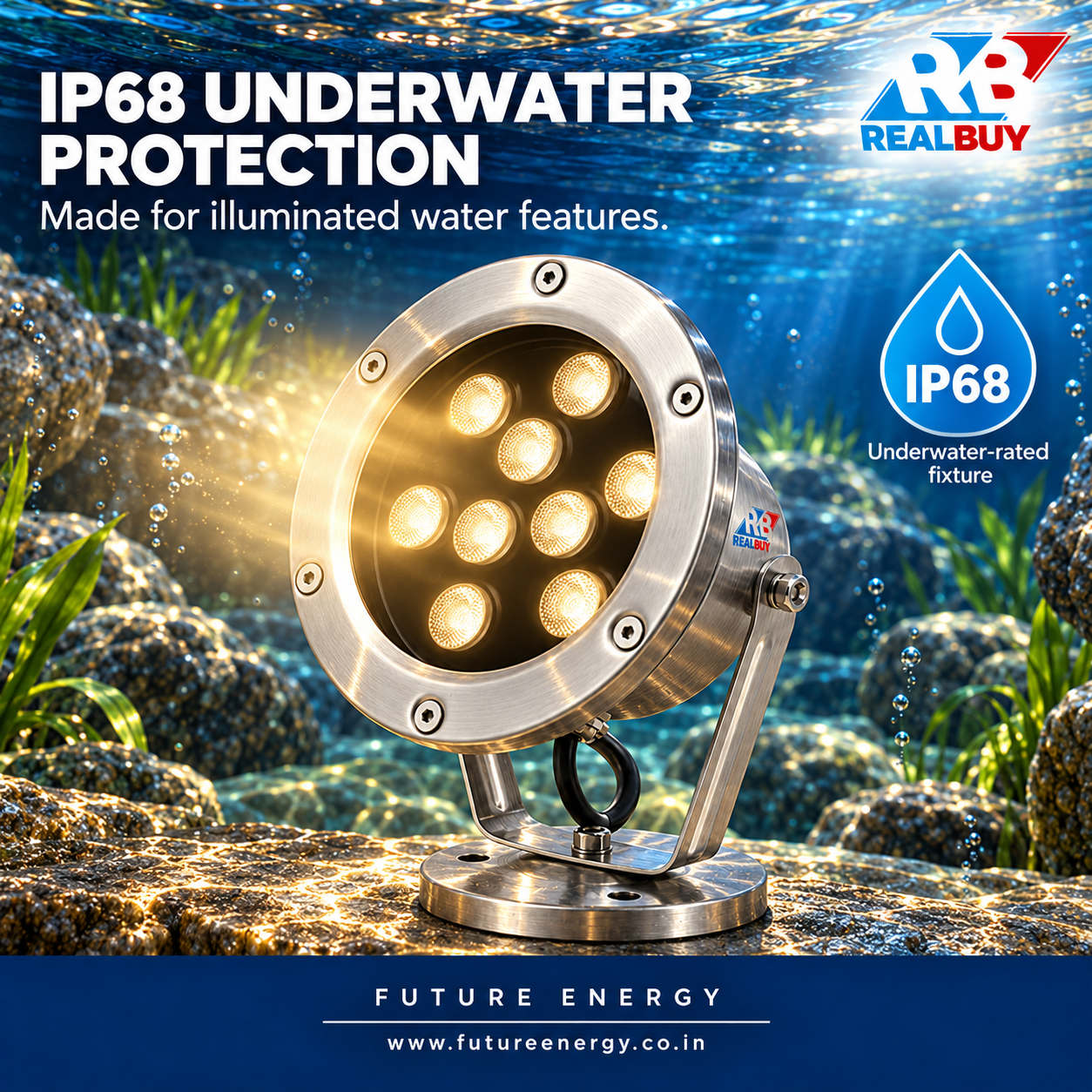 REALBUY 9W stainless steel underwater spot light showing IP68 protection