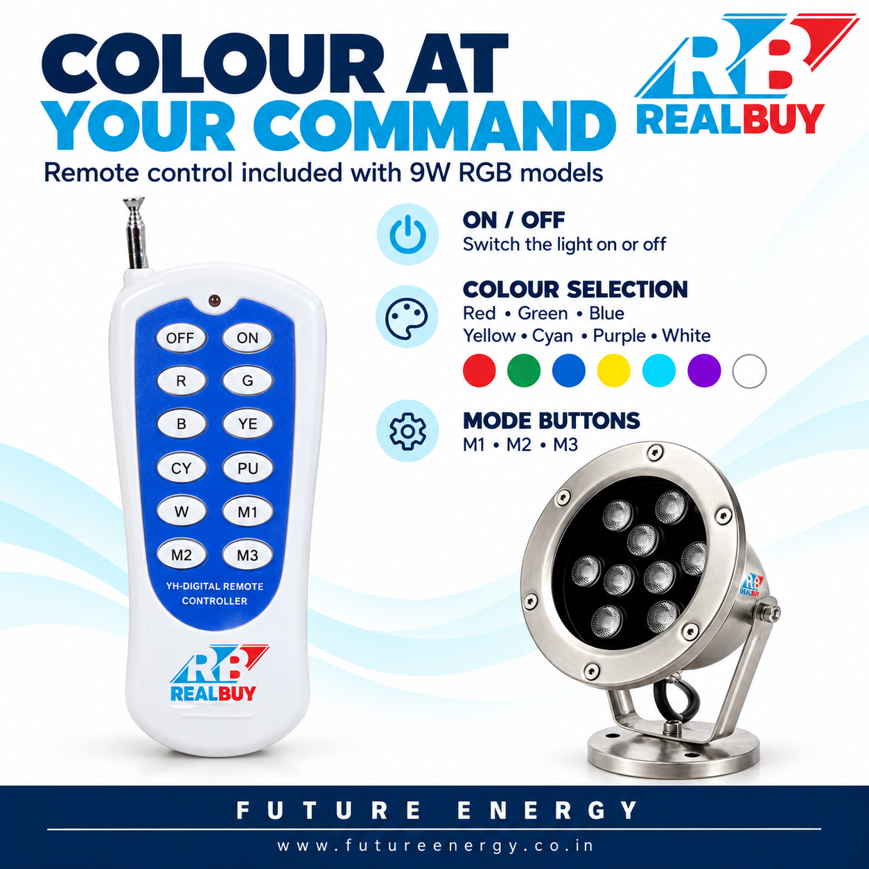 REALBUY 9W RGB underwater spot light with included remote and colour control buttons
