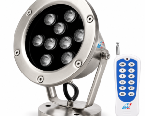 REALBUY 9W RGB underwater LED spot light with included remote on a white background