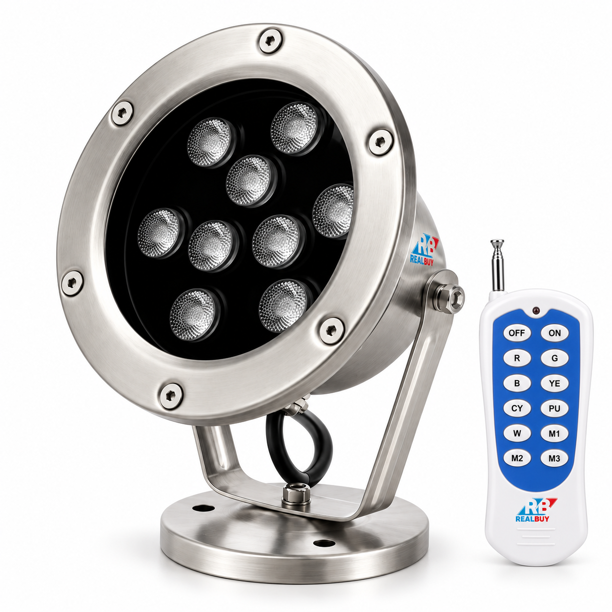 REALBUY 9W RGB underwater LED spot light with included remote on a white background