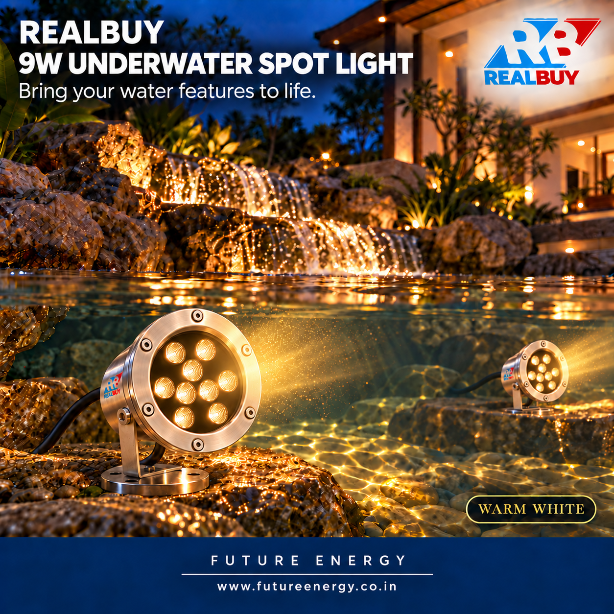 REALBUY 9W warm white underwater spot lights illuminating a decorative water feature