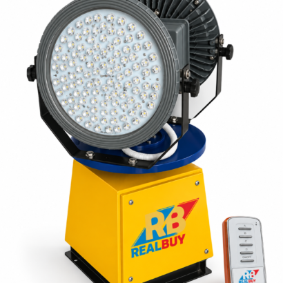 REALBUY dual-panel automatic revolving LED tower search light with yellow base and wireless remote on a white background