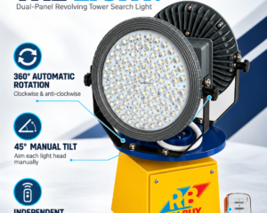 REALBUY revolving tower search light showing 360-degree automatic rotation, 45-degree manual tilt and independent LED panel control
