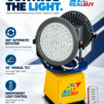 REALBUY revolving tower search light showing 360-degree automatic rotation, 45-degree manual tilt and independent LED panel control
