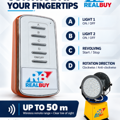 REALBUY wireless remote with independent light switching, rotation start-stop and direction control, with up to 50 m line-of-sight range