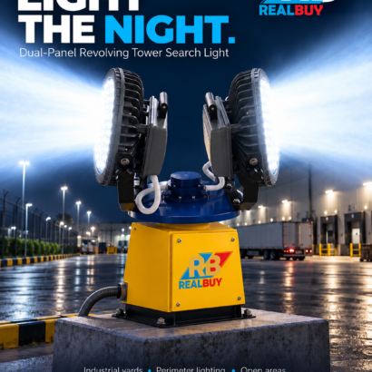 REALBUY dual-panel tower search light projecting opposite beams across an industrial yard at night