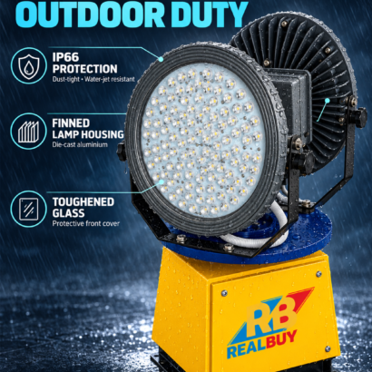 REALBUY tower search light showing IP66 protection, finned aluminium lamp housings and toughened-glass front covers