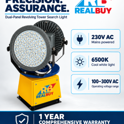 REALBUY tower search light specifications: 230V AC, 6500K, 100–300V AC operation and one-year warranty excluding physical damage and burn-outs