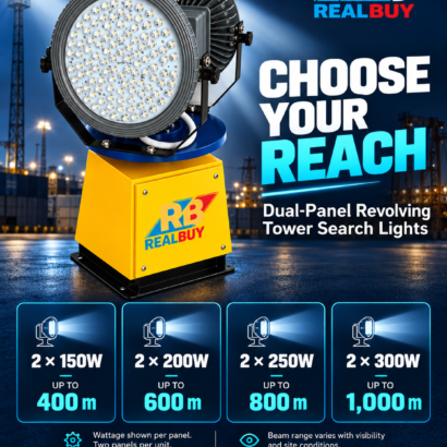 REALBUY dual-panel tower light beam ranges: 2 x 150W up to 400 m, 2 x 200W 600 m, 2 x 250W 800 m and 2 x 300W 1 km