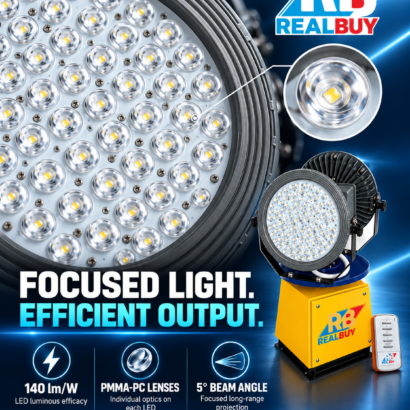 REALBUY search light LED optics showing 140 lm/W luminous efficacy, individual PMMA-PC lenses and a 5-degree beam angle