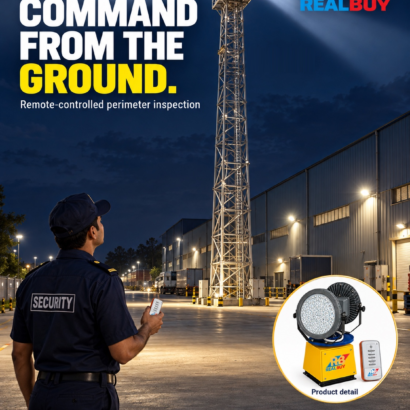 Security guard using a wireless remote to operate a REALBUY search light mounted on a tower at an industrial site