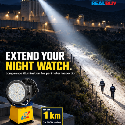 Illustrated rooftop REALBUY search light illuminating a prison perimeter as guards inspect the grounds; 2 x 300W beam range up to 1 km