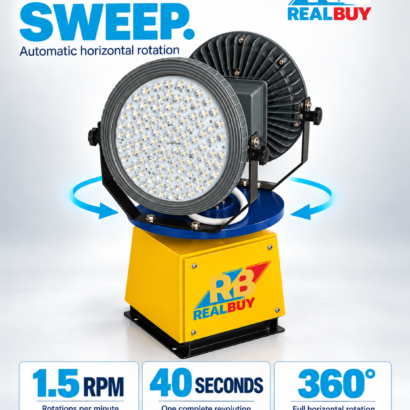 REALBUY revolving tower search light showing 1.5 RPM horizontal rotation, one full 360-degree revolution every 40 seconds