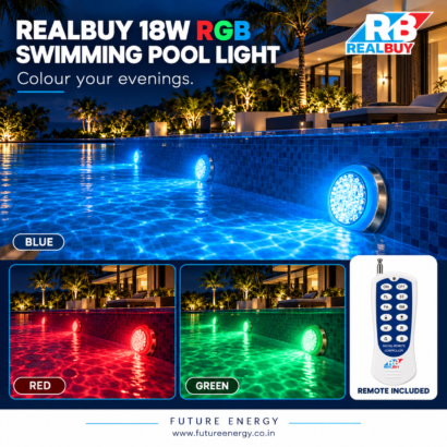 Swimming pool illuminated in blue, red and green with REALBUY RGB underwater lights