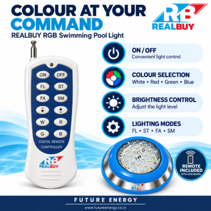 REALBUY RGB pool light remote showing on off, colour, brightness and FL ST FA SM mode buttons