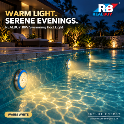 REALBUY warm white swimming pool lights mounted on a pool wall at dusk
