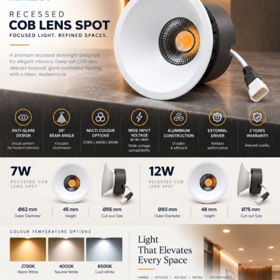 REALBUY recessed COB lens spot downlight technical specifications for 7W and 12W