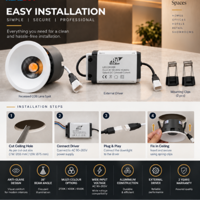 REALBUY recessed COB lens spot downlight installation and external driver infographic